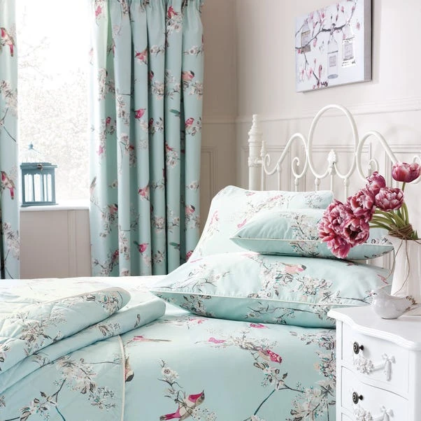 Dunelm Beautiful Birds Duck-Egg Thermal Pencil Pleat Curtains 2 Dunelm Beautiful Birds Duck-Egg Thermal Pencil Pleat Curtains - Image 2