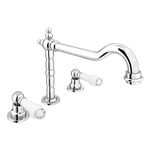 Chatsworth 1928 Traditional 3TH White Lever Deck Mounted Basin Mixer Tap With Curved Spout 2 Chatsworth 1928 Traditional 3TH White Lever Deck Mounted Basin Mixer Tap With Curved Spout - Image 2